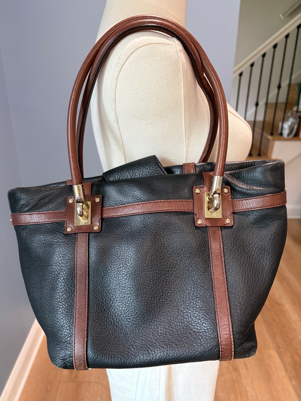 Kate Spade New York Black Pebbled Leather Tote Brown Trim Gold Hardware